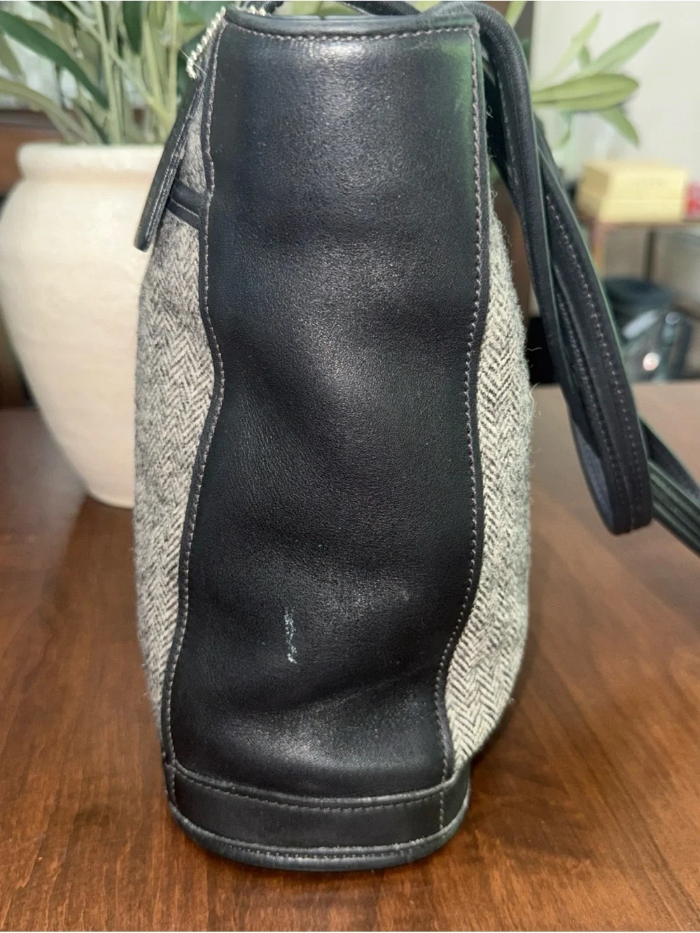 Coach Bleeker Leather-Trim Herringbone Tote Bag - Black & Gray
